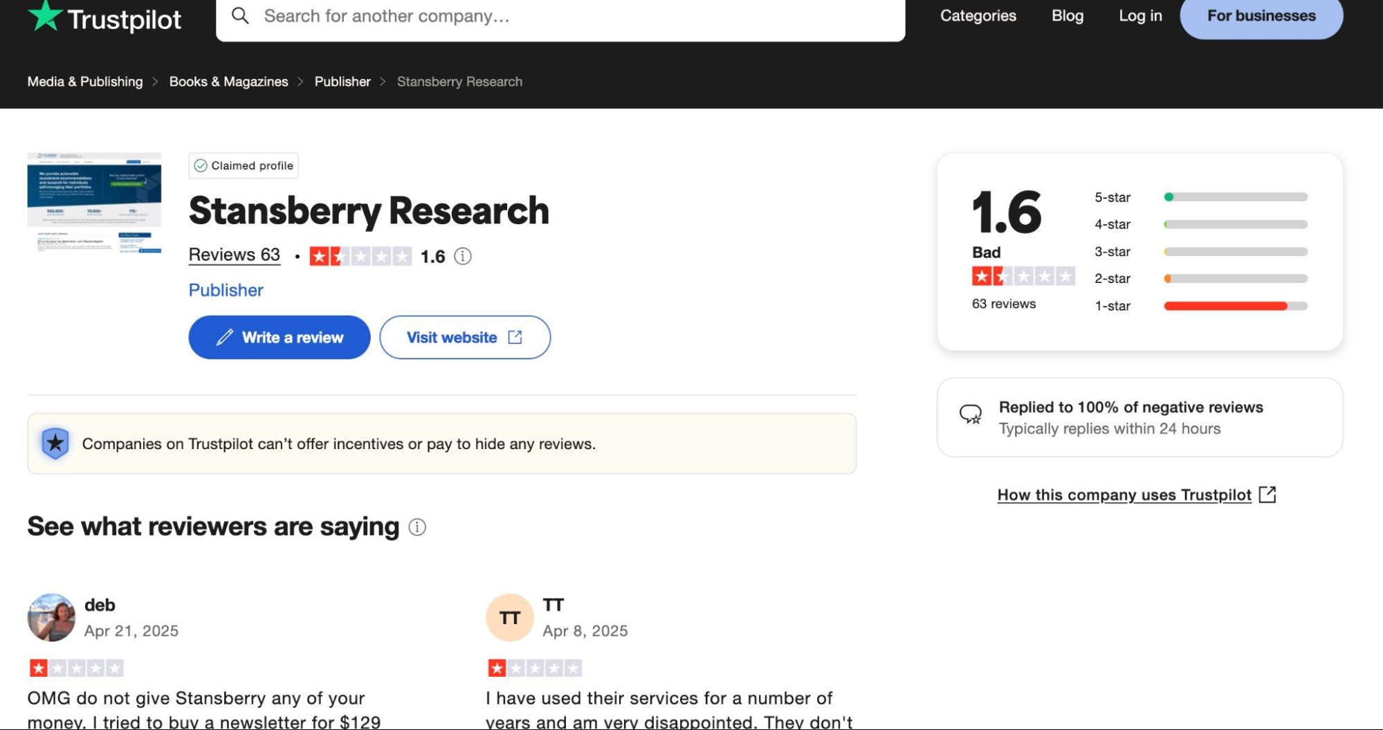 Stansberry Trustpilot