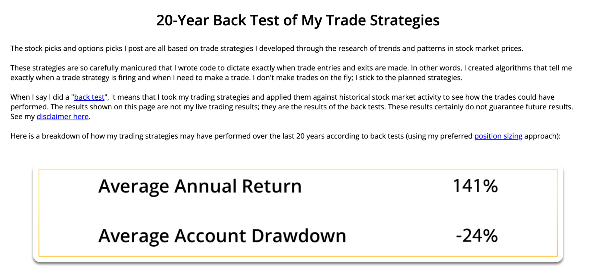 20 Year Back Test of My Trade Strategies