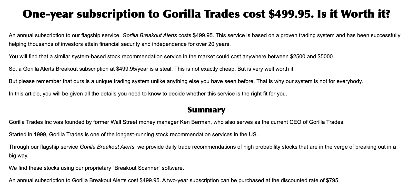 One-year subscription to Gorilla Trade Cost